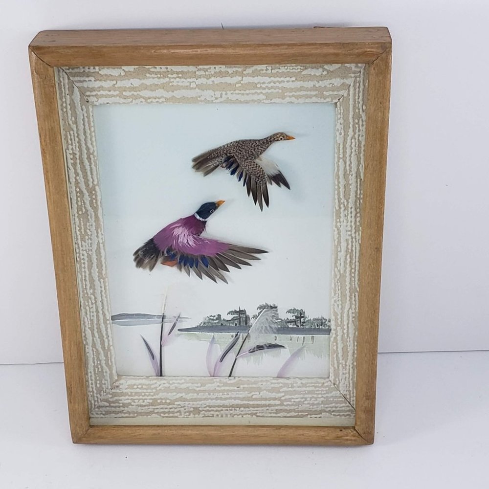 Vintage 3D Feather Art Mallard Ducks Flying Marsh Framed